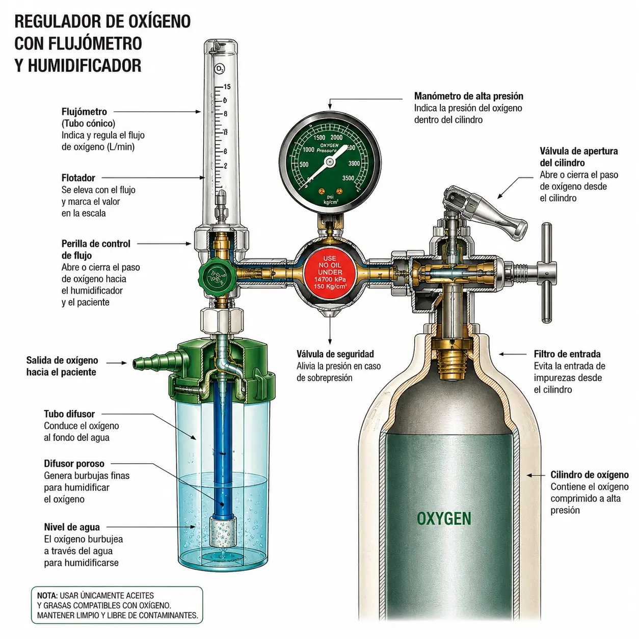 Regulador con flujómetro y humidificador