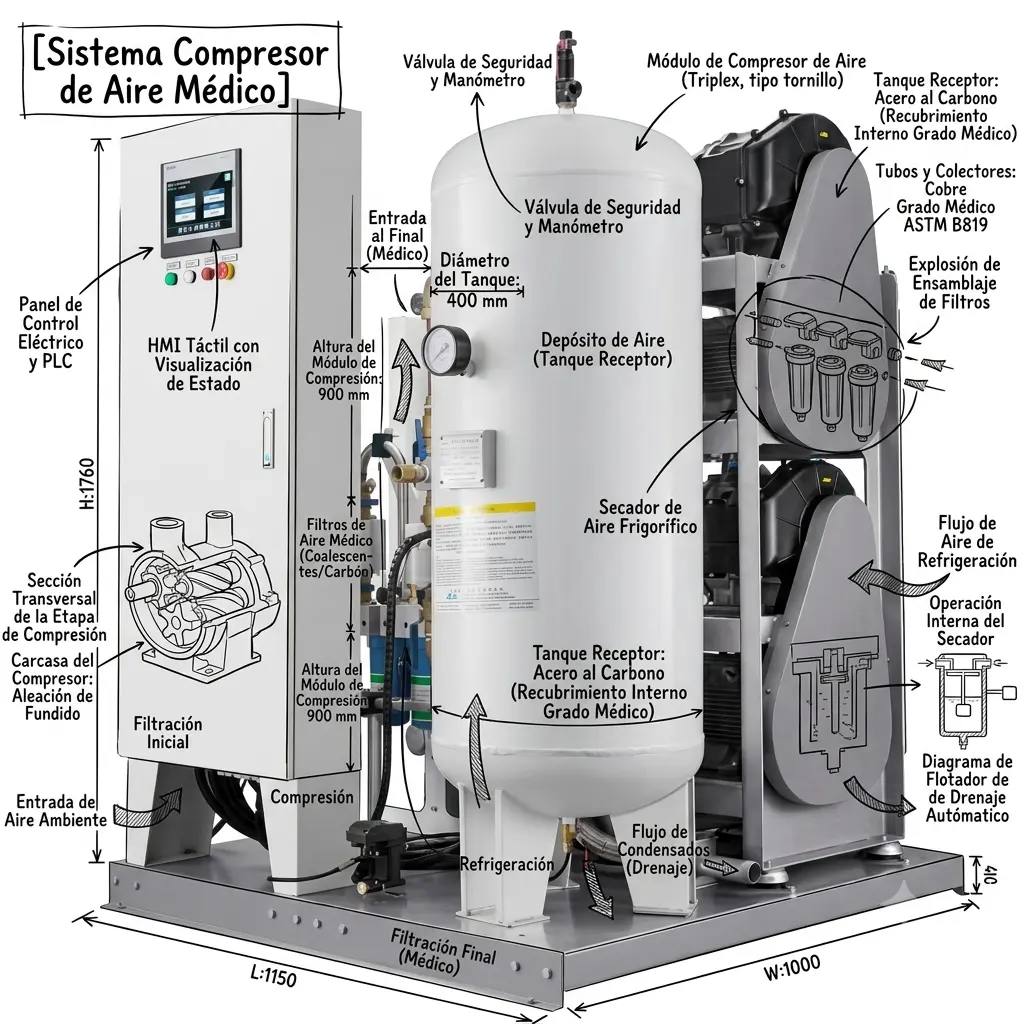 Sistema compresor de aire médico